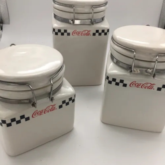 COCA-COLA Vintage Ceramic Canisters Trio Storage Jars Collectible Home Decor EUC - Picture 2 of 11
